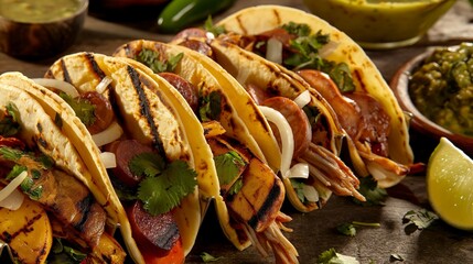 A delicious assortment of street tacos, featuring tender carnitas, spicy chorizo, and grilled vegetables, topped with fresh cilantro, onions, and a squeeze of lime, served with a side of spicy salsa 