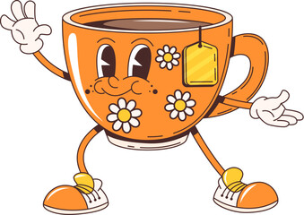 Leinwandbilder - Cartoon retro groovy herbal tea cup character with funky face, vector 70s hippie or comic art. Groovy cartoon funny tea cup or mug with teabag and daisy flowers ornament with happy emotion smile