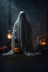 Wall Mural - Creepy and macabre halloween ghost poster, scary ghost skeleton in a dark room, glowing halloween pumpkins