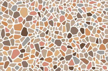 Mosaic paving floor brown stone tile pattern background with vector texture of pebble, gravel or cobblestone rocks. Wall or floor stone tile, pavement, sidewalk, garden path background of rock mosaic