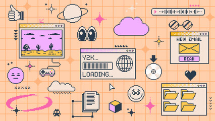 Fototapete - Retro y2k computer window page interface. Vector pc desktop with folders, icons and loading bar. Background in old 2000s vintage aesthetic style with emoji, game, clouds, stars and planets on screen