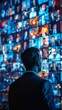 © punniix - Man in front of a digital wall with numerous faces on screens, symbolizing global connection, digital network, technology communication.