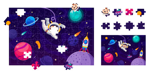 Poster - Jigsaw puzzle game pieces. Cartoon galaxy space landscape vector worksheet with astronaut and alien characters, rocket, UFO, planets and stars kids quiz maze. Space travel jigsaw puzzle pieces