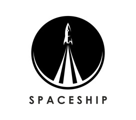 Poster - Spaceship icon of rocket launch, vector spacecraft, astronomy and galaxy explore. Rocket, spaceship or shuttle carrier silhouette with smoke trace isolated round badge, retro spacecraft symbol