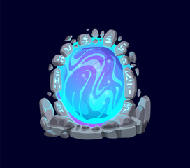 Fantasy fairytale game magic portal door. Cartoon vector mystical round gateway with swirling blue and purple energies, surrounded by a circle of rune-etched stones. Fantasy portal in magical world