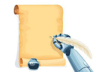 Poster - Robot writes, machine learning and AI artificial intelligence futuristic technology, cartoon vector. Robot hand with ink quill feather writing on ancient manuscript paper scroll for machine learning
