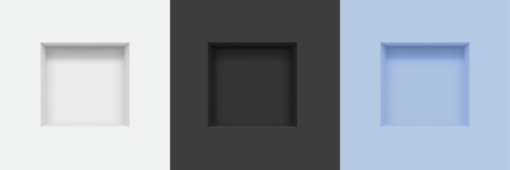 3d wall niches. Realistic vector three empty square boxes or shelves on white, black and blue backgrounds. Shop, gallery showcase mockup for product presentation, exhibit space, interior bookshelf