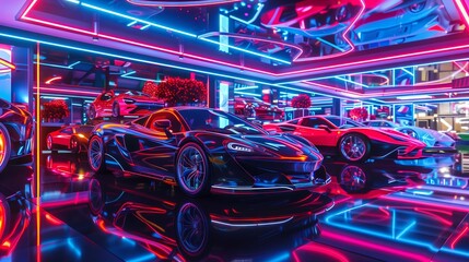 Poster - a luxurious car exhibit with neon lighting and reflective floors showcases the latest sports car mod