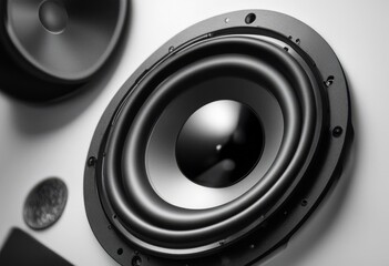 Wall Mural - background white olated black speaker music sound entertainment loud industry loudspeaker closeup listen technology round design electronic voice woofer equipment object system audio device