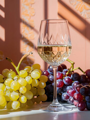 White wine in a glass bunches of yellow and red grapes. Sunlight shadows on pastel peachy background
