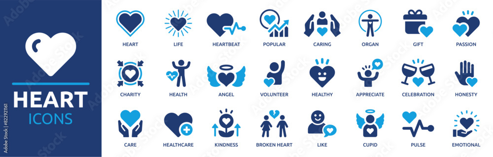 Heart icon set. Containing life, heartbeat, caring, passion, healthcare ...
