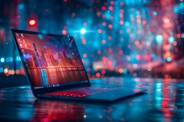 Wall Mural - A modern laptop with glowing code on the screen, set against a cityscape with vibrant neon lights and a bokeh effect