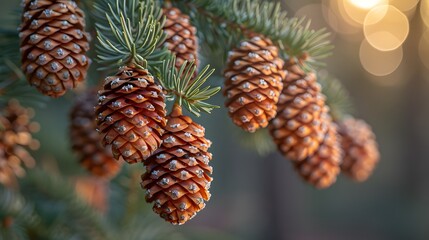 Wall Mural - Close-up of pine cones hanging from the branches of a tall pine tree, highlighting the natural beauty and intricate details of the cones. List of Art Media Photograph inspired by Spring magazine