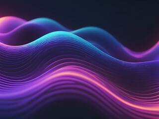 Wall Mural - Neon ripple texture. Defocused glow. Iridescent wave. Blur purple blue fluorescent color gradient light curve lines abstract background with free space.