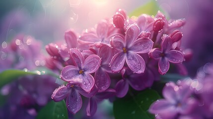 Wall Mural - Close-up of delicate purple lilac flowers, highlighting their intricate petals and lush green leaves, with soft natural light illuminating the scene. List of Art Media Photograph inspired by Spring
