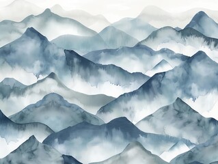 Create a watercolor painting of blue mountains with white fog.