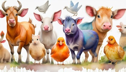 Wall Mural - Watercolor illustrations of domestic animals: pig, chicken, chicken, cow, ram, goat, duck, isolated drawings by hand