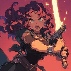 anime illustration of a female warrior wielding a sword, flaming sword, a powerful female soldier in a fantasy world, fantasy games, woman