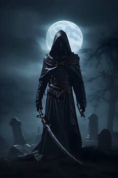 halloween hauntingly dark and moody black hooded figure, creepy and macabre halloween scary hooded g