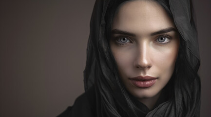 Close up portrait of a woman in a black shawl. Piercing eyes and full lips. Mooodlyl and ethereal. Copy space.