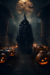 Wall Mural - Halloween hauntingly dark and moody black hooded figure, creepy and macabre halloween scary hooded ghost poster with glowing pumpkins