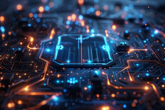 A close-up of a computer chip with glowing blue and orange lights. The chip is surrounded by a complex network of circuitry.