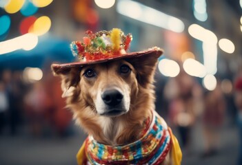 street attire loving hangs dog fun bustling catching amid celebration carnival dressed out eye city lively