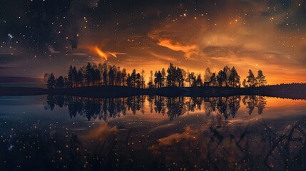 Glowing northern lights reflecting in a calm lake in Finland, creating a mesmerizing mirror image