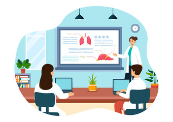 Wall Mural - Medical School Vector Illustration with Students Listening to a Lecture and Learning Science in a Classroom in a Flat Cartoon Style Background