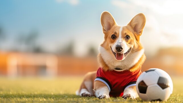 a pembroke welsh corgi dog wearing a red jersey is lying on the grass next to a soccer ball