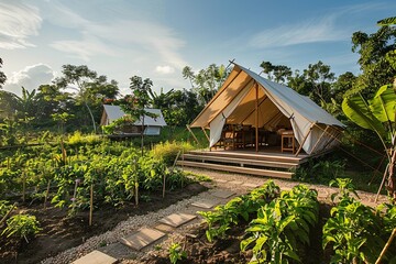 Sticker - Luxury tents set up on organic farms, offering guests the opportunity to Luxury tents set up on organic farms, glamping camping