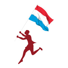 Vector illustration of man running and holding Luxembourg flag in hands on transparent background