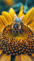 Wall Mural - background of biodiversity. close up portrait of honey bee on yellow flower