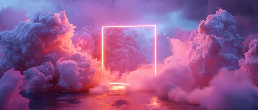 3d render abstract minimal background with rose, titanium, peach neon light square frame with copy space illuminated stormy clouds glowing geometric shape