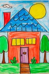 Poster - Drawing of house with trees and sun in the background.