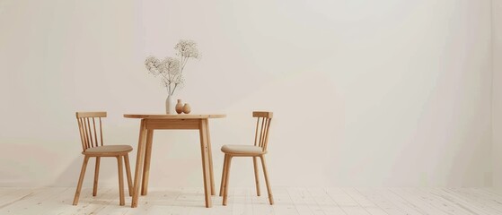 Simple dining table with two chairs, a small vase with a single flower, minimalist interior, white background