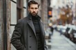© Popelniushka - Man In Coat. Stylish Winter Fashion Look with Woolen Blazer Jacket in City Setting