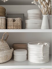 Wall Mural - A shelf with a variety of baskets and containers, including a white basket with a bow on it