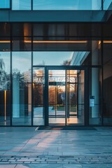 Wall Mural - A large glass door with a sign on it. The door is reflecting the sun and the sky