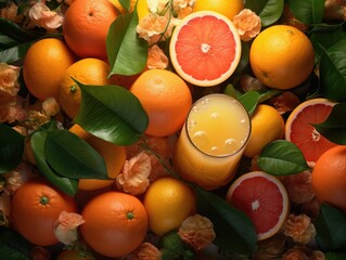 Canvas Print - A glass of orange juice is surrounded by oranges and grapefruit. Concept of freshness and health, as the fruits and juice are natural and nutritious