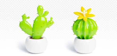 3d cactus with flower in pot render illustration. Cute plastic flowerpot icon indoor design. Isolated realistic houseplant interior decoration for office or home. Cacti with needle growth front view