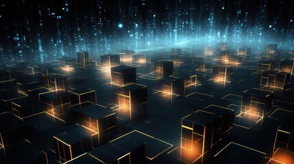 Poster - glowing blockchain data matrix, pulsating with energy 