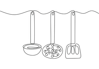 Wall Mural - one continuous line drawing of hanging silk, spatula and cooking spoon isolated on white background.