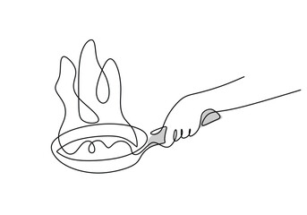 Wall Mural - one continuous line drawing of hand holding frying pan on white background Cooking and kitchen tools