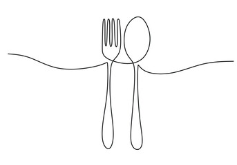 Wall Mural - one continuous line drawing of fork and spoon on white background. Cooking, kitchen and table manner