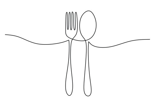 one continuous line drawing of fork and spoon on white background. Cooking, kitchen and table manner