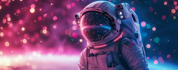 an astronaut in the colorful background of neon lights