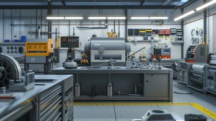 Poster - a state-of-the-art workshop with complex machinery, innovative prototypes, and neatly arranged tools