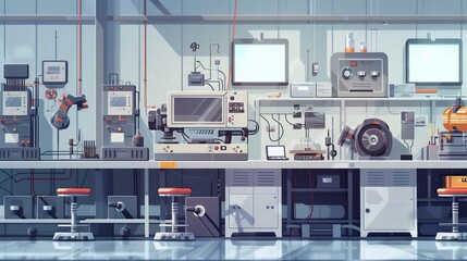 Poster - a state-of-the-art workshop with complex machinery, prototypes, and organized tools showcases cuttin