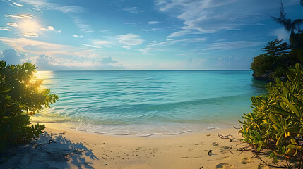 Wall Mural - Romance background with Romantic Sunshine Beach in Miami. Dream getaway Island.